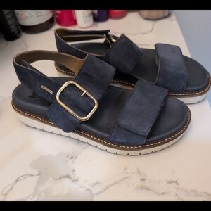 Mephisto Navy Blue Sandals with Gold Buckle